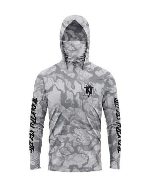 The same mask hood fishing shirt design in the catalog gray and white camo colorway